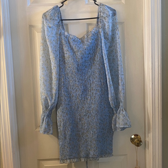 Hey Babe Light Blue Floral Sheer Sleeve Ruched Tie Dress - Picture 6 of 17
